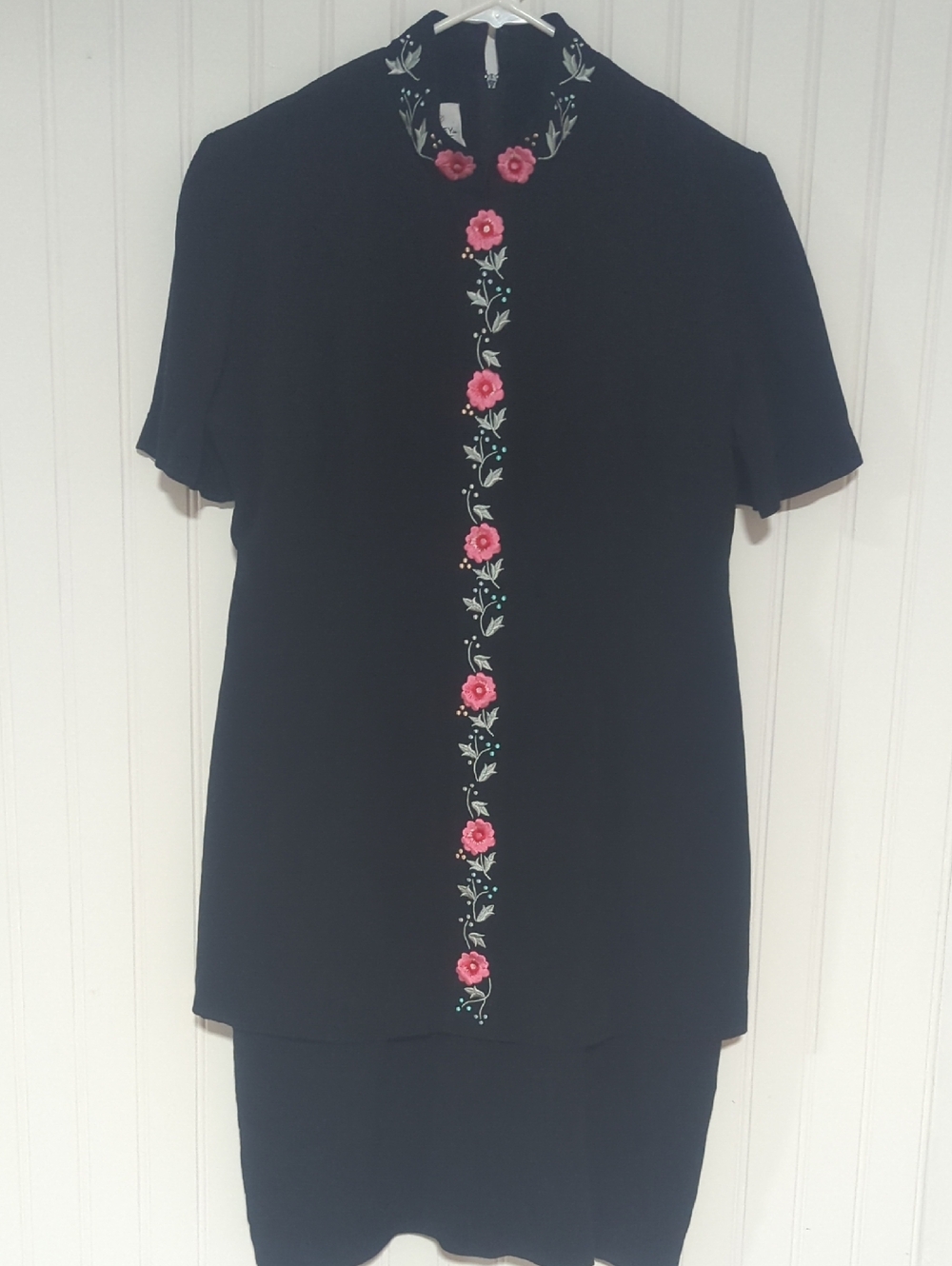Black Midi Dress with Pink Floral Embroidery